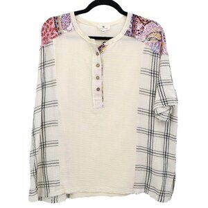 Urban Daizy Plaid Gauze Top Women M Ivory Boho Hippie Coastal Artsy Unique Beach